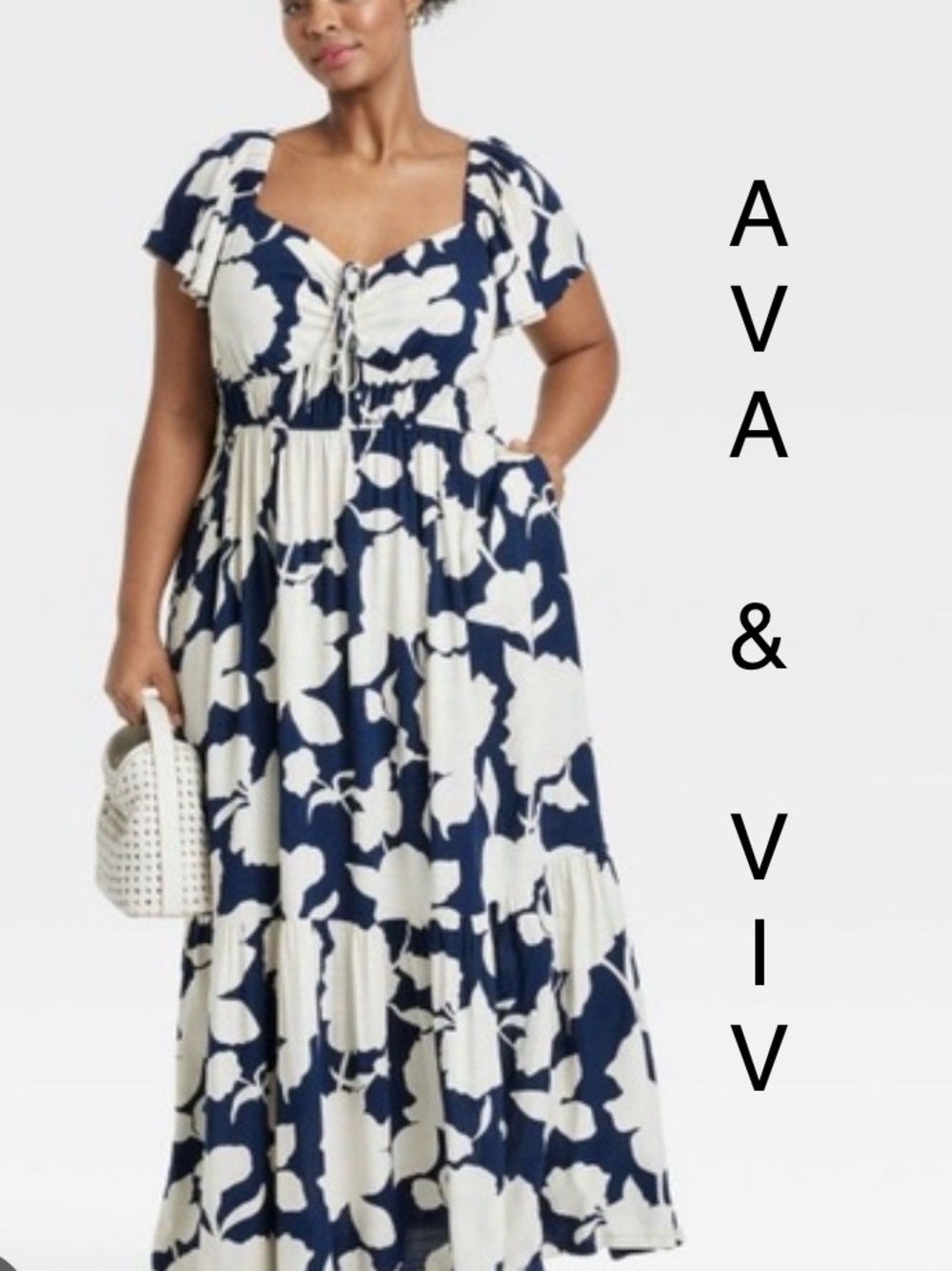 Ava & Viv | Navy/White Floral Maxi Flutter Dress  - Size 2X